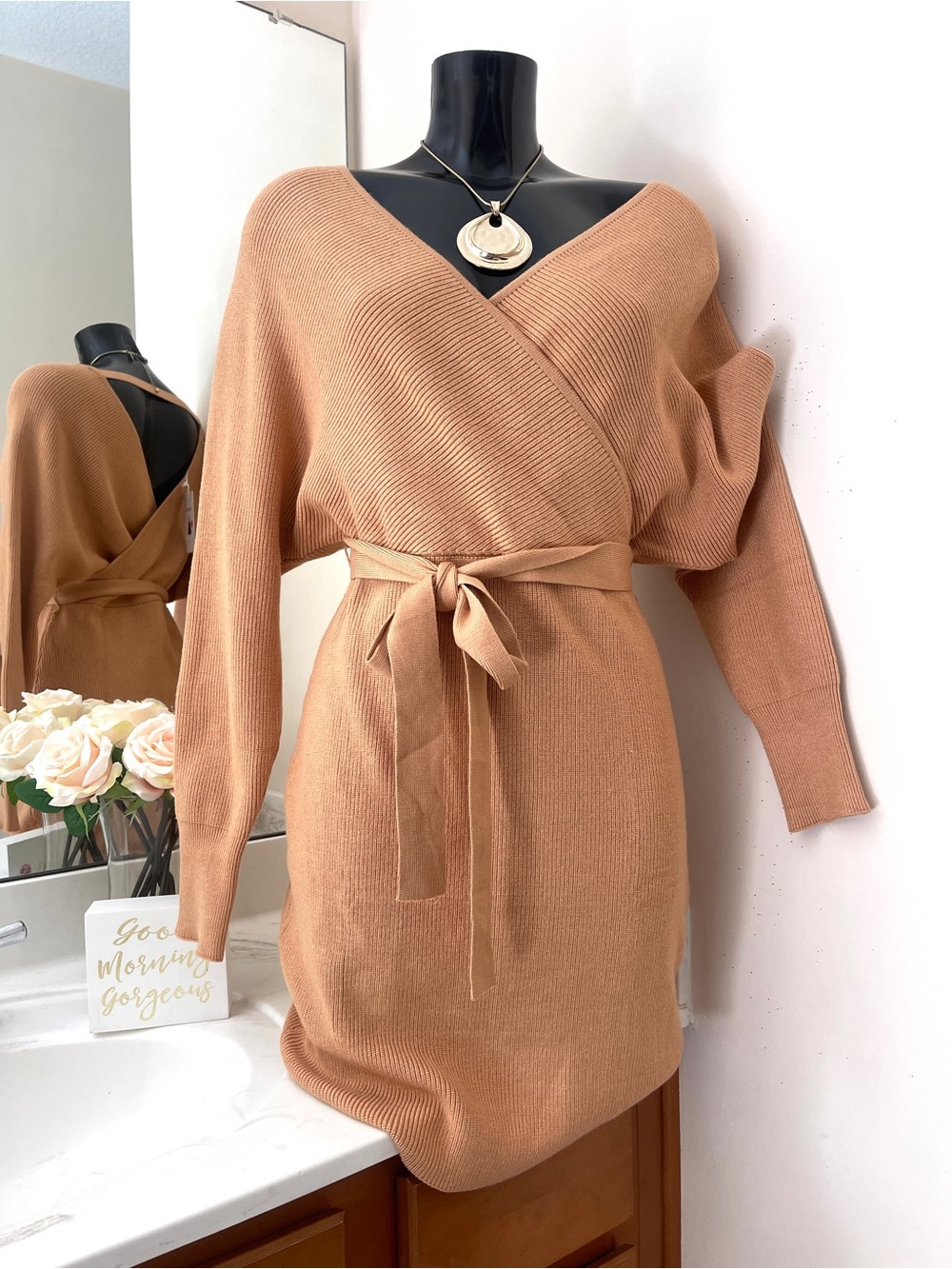 ZESICA Women’s Wrap Style Dress LARGE Caramel Brown Wool Long Sleeve Fall Sz L